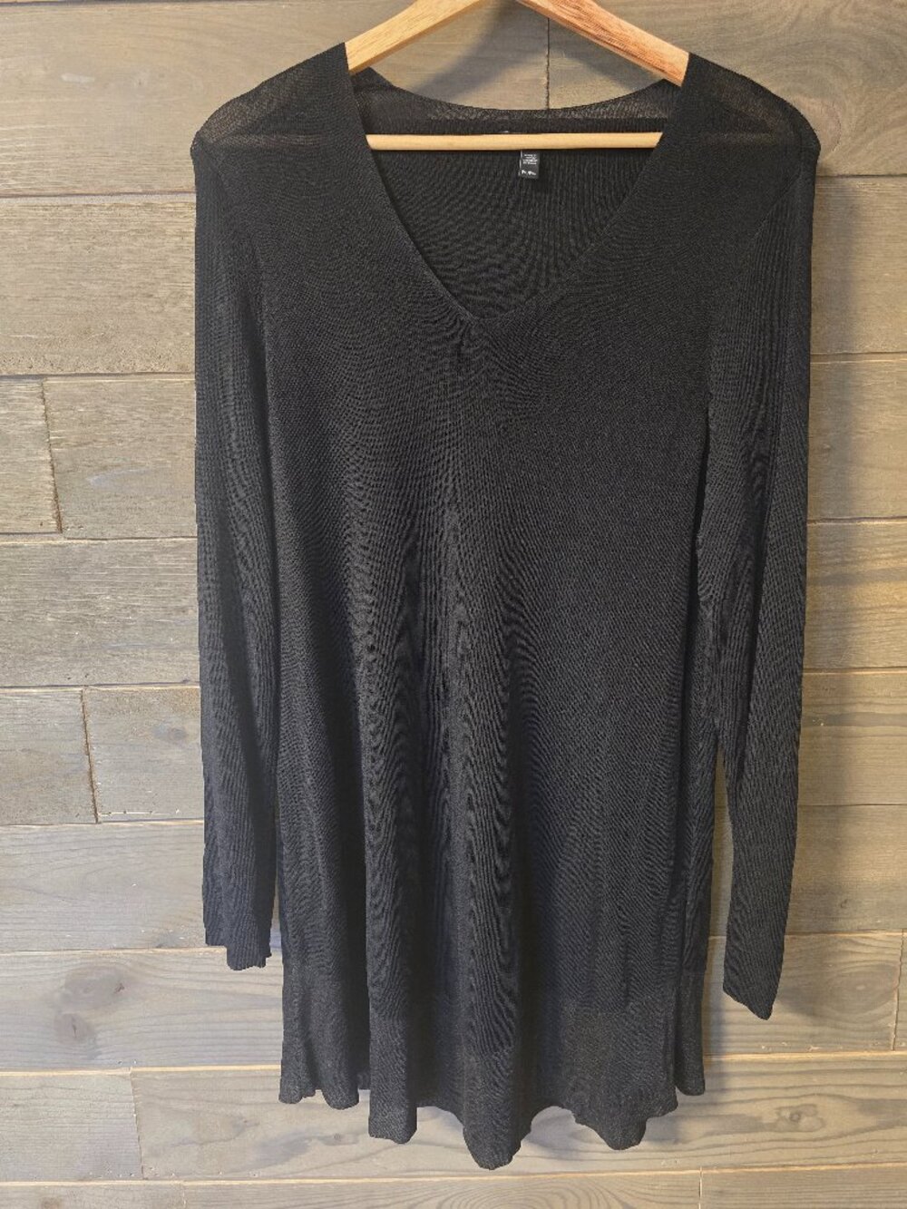 Eileen Fisher LP Black Shimmer Knit Tunic Sweater V-Neck Long Sleeve